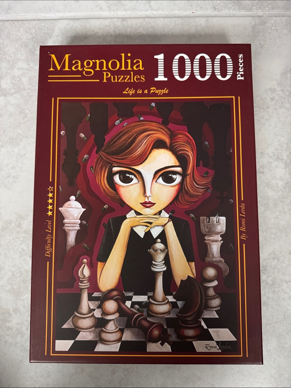 Magnolia Puzzle — Burgundy, Black, Cream Portrait Chessboard